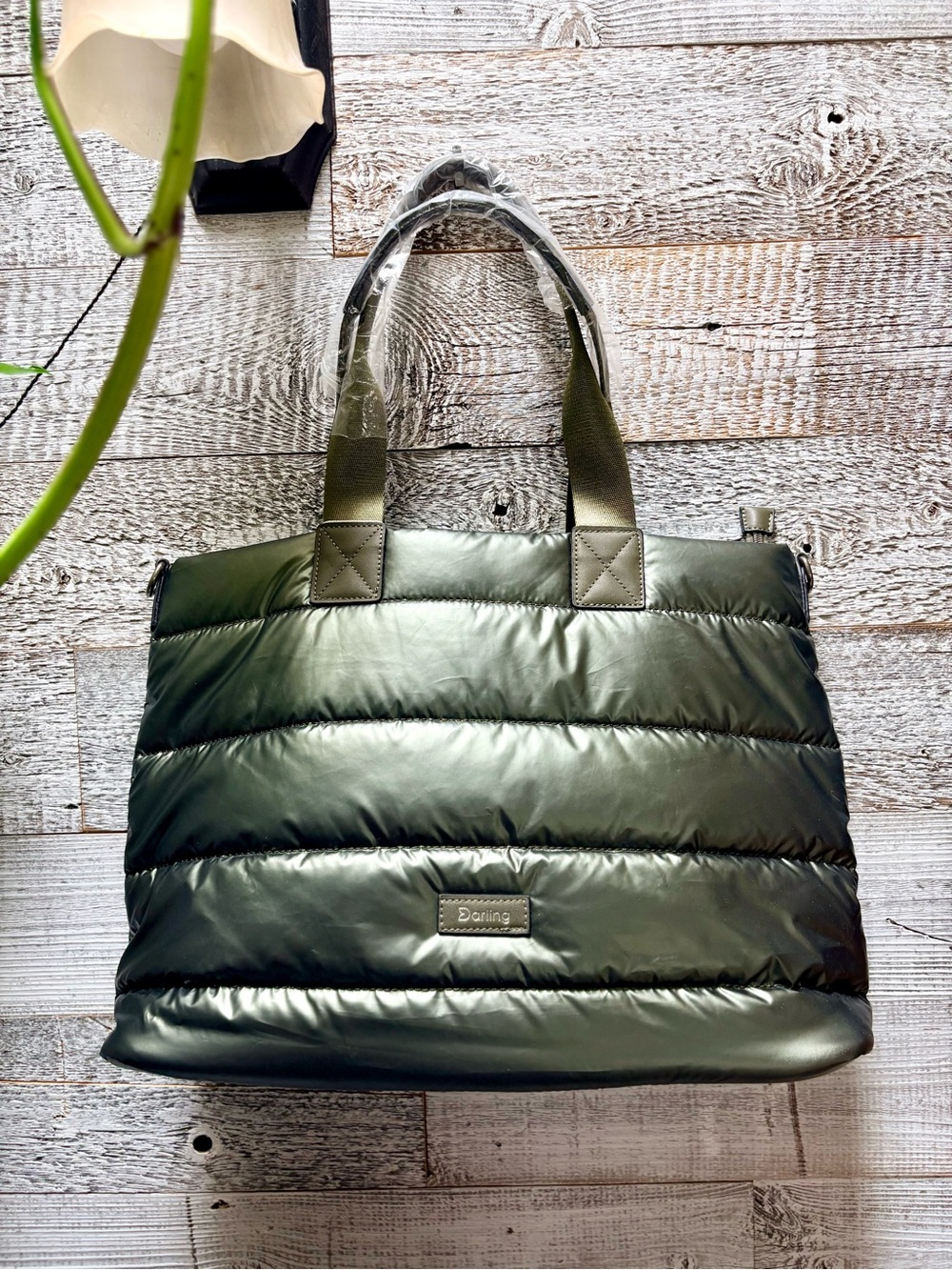 Darling Vancouver | NWT Large Quilted Bottle Green Vegan Puffer Tote Bag